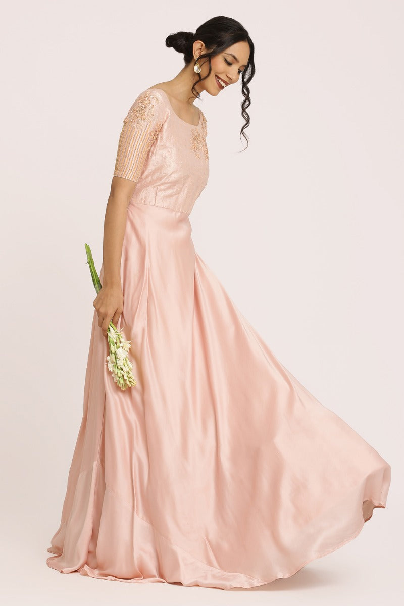 Blush Pink Long Sequin Formal Dress with Puff Sleeves